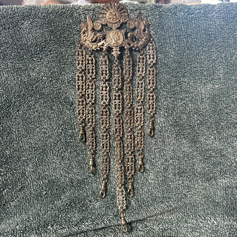 Antique Brass Victorian Châtelaine with Roman Idles and Detailed Chains